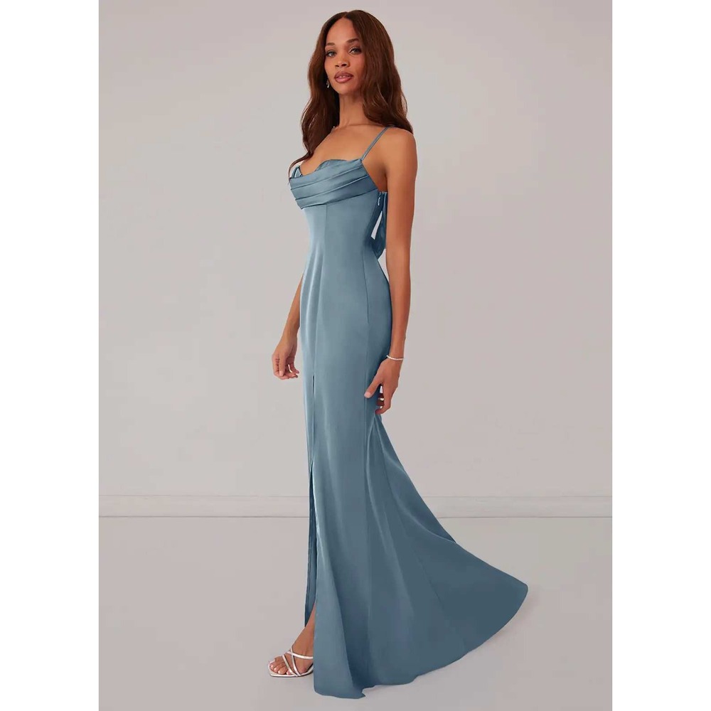 Barbie Azazie Dusty Blue Satin Cowl Neck Maxi Dress Corset Back 1005 2 NWT Mark